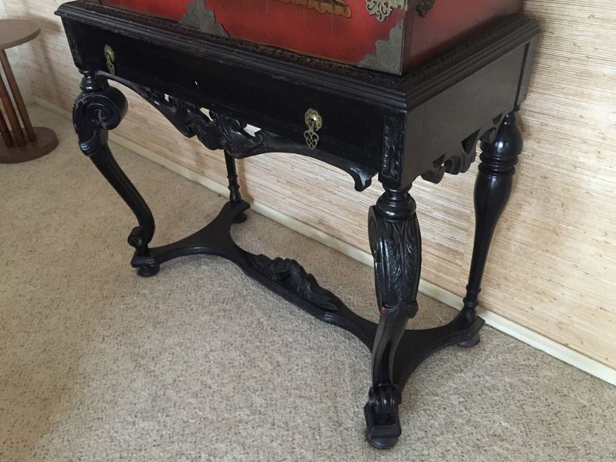 Chinoiserie Red Lacquer High Boy Double Door Chest And Stand - Estimate $1,500 [Photo 6]