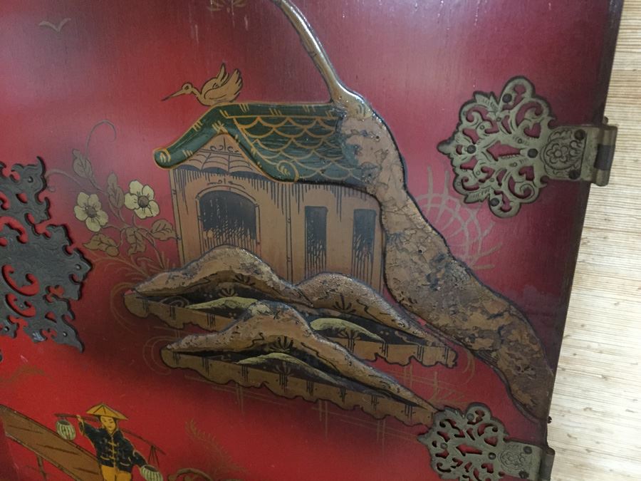 Chinoiserie Red Lacquer High Boy Double Door Chest And Stand - Estimate $1,500 [Photo 10]