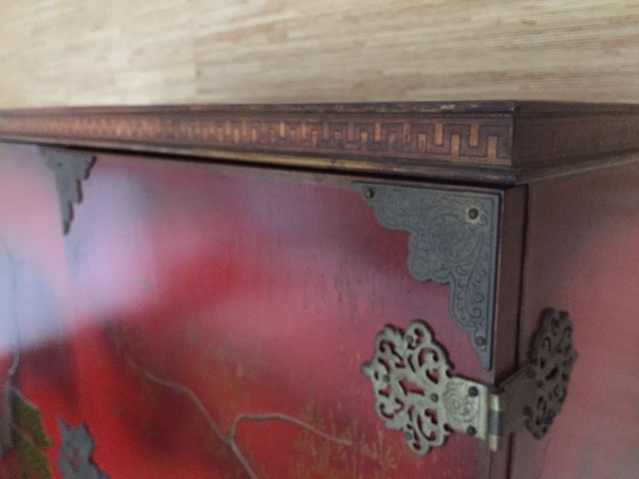 Chinoiserie Red Lacquer High Boy Double Door Chest And Stand - Estimate $1,500 [Photo 12]