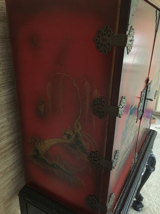 Chinoiserie Red Lacquer High Boy Double Door Chest And Stand - Estimate $1,500 [Photo 18]