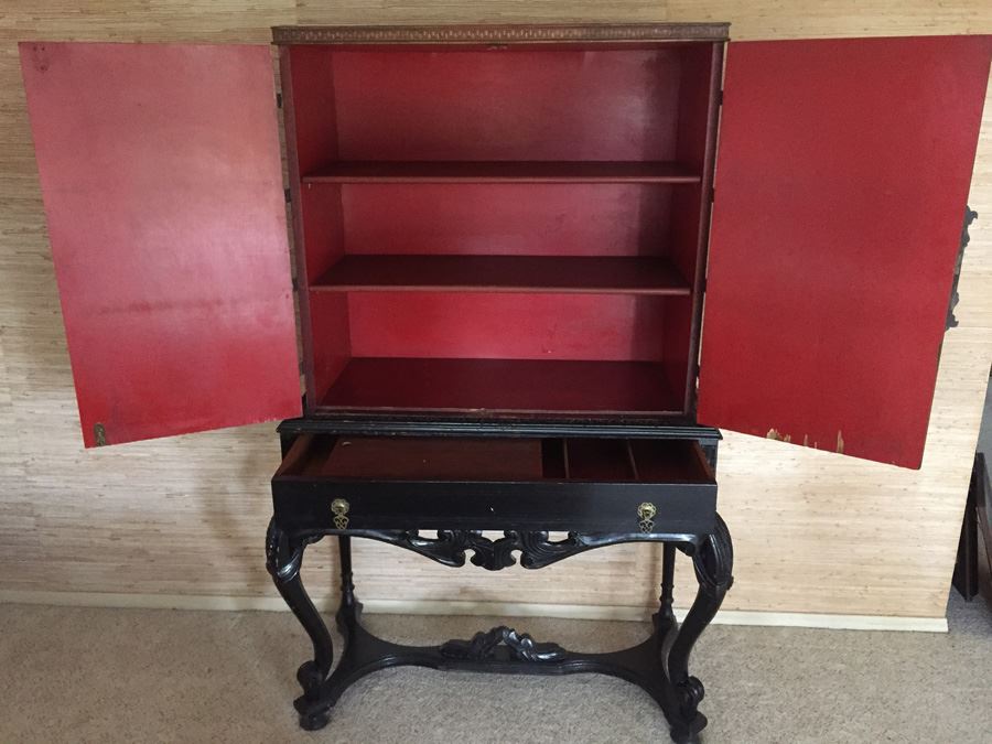 Chinoiserie Red Lacquer High Boy Double Door Chest And Stand - Estimate $1,500 [Photo 3]