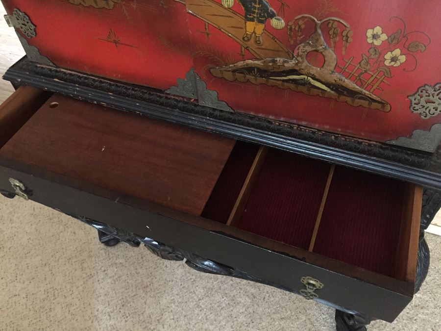 Chinoiserie Red Lacquer High Boy Double Door Chest And Stand - Estimate $1,500 [Photo 2]