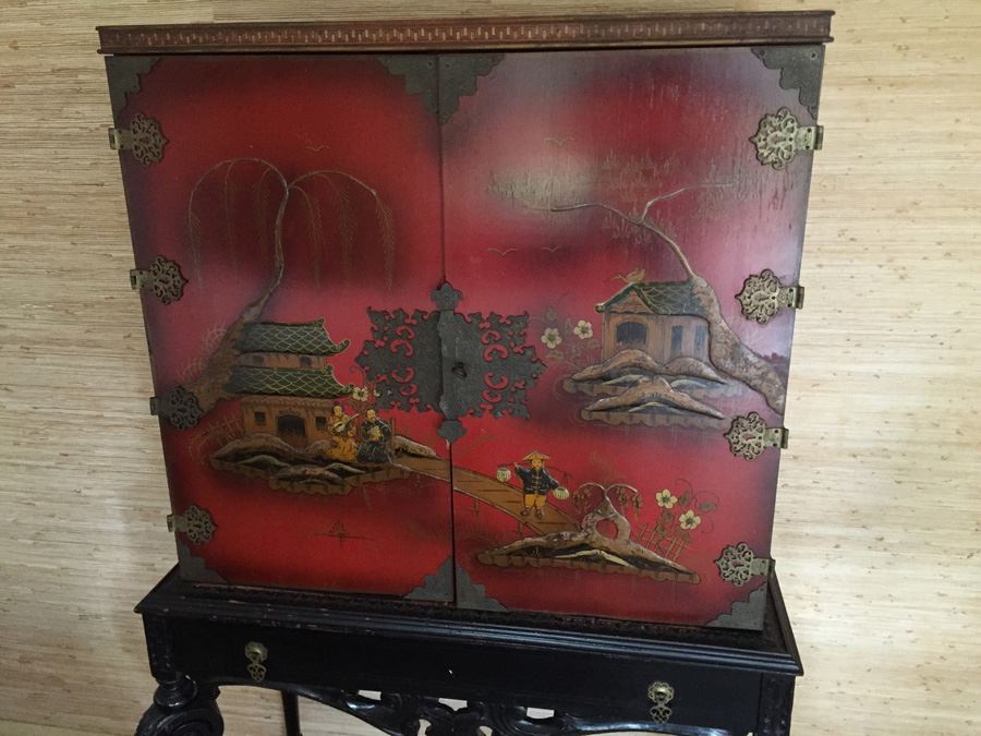 Chinoiserie Red Lacquer High Boy Double Door Chest And Stand - Estimate $1,500 [Photo 4]