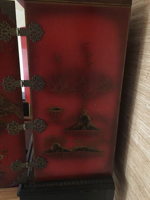 Chinoiserie Red Lacquer High Boy Double Door Chest And Stand - Estimate $1,500 [Photo 17]