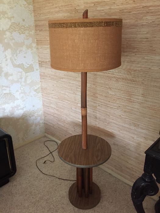 Mid Century Modern Rattan Floor Lamp With Table