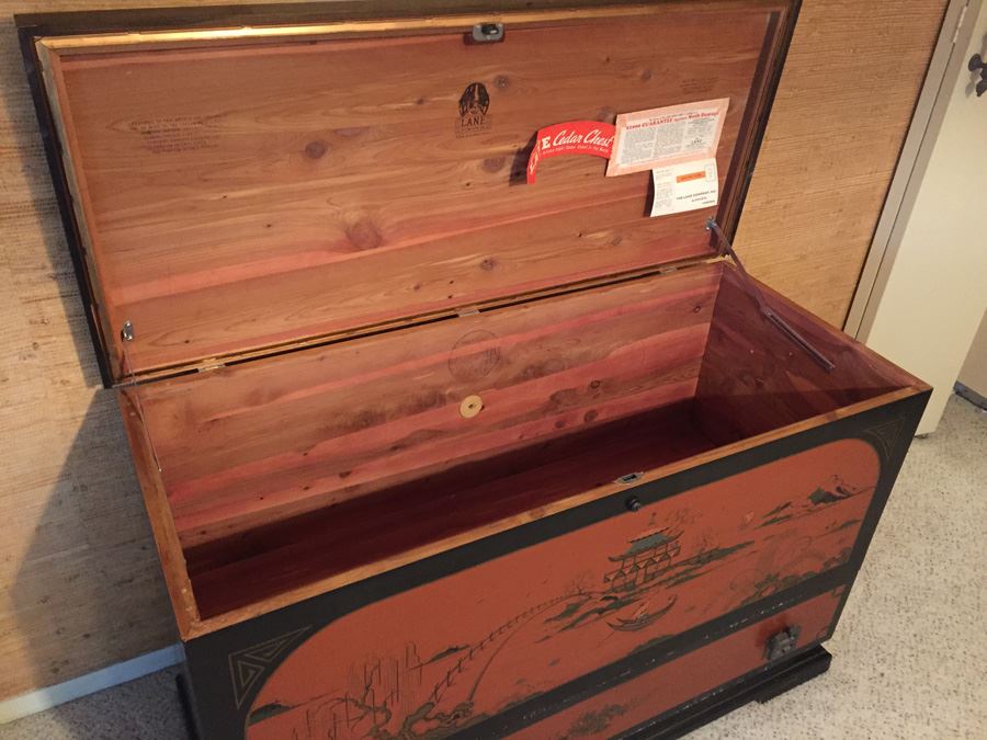 Vintage Chinoiserie Red And Black LANE Cedar Chest With Drawer [Photo 12]