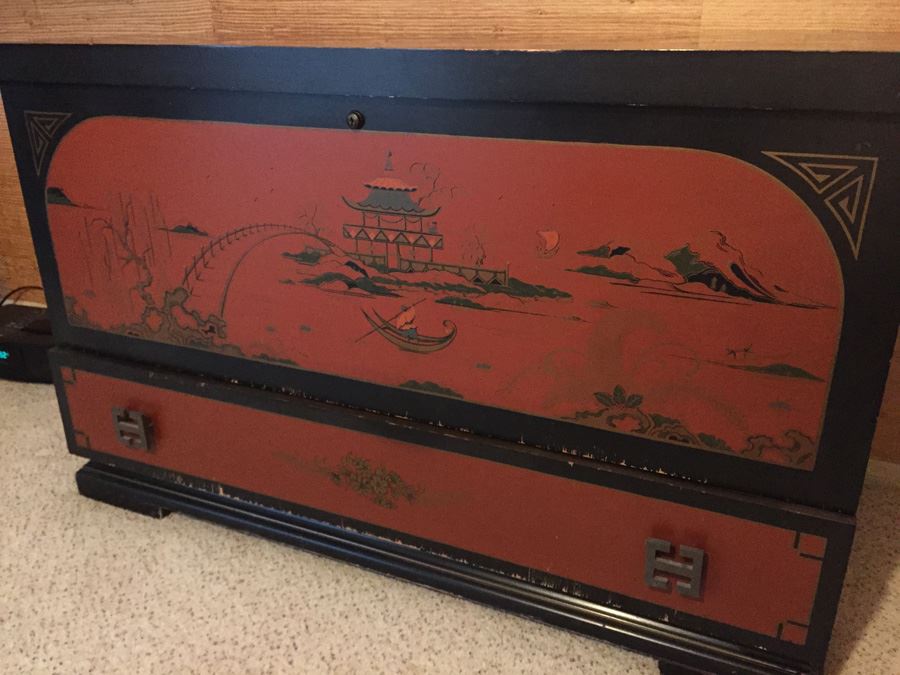 Vintage Chinoiserie Red And Black LANE Cedar Chest With Drawer [Photo 6]