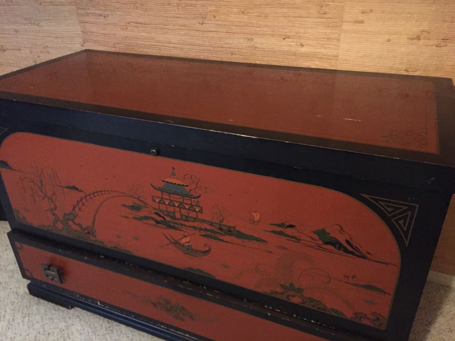 Vintage Chinoiserie Red And Black LANE Cedar Chest With Drawer [Photo 8]