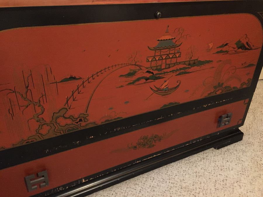 Vintage Chinoiserie Red And Black LANE Cedar Chest With Drawer [Photo 3]