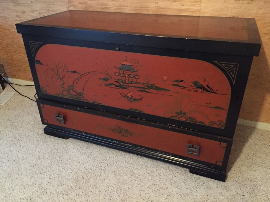 Vintage Chinoiserie Red And Black LANE Cedar Chest With Drawer