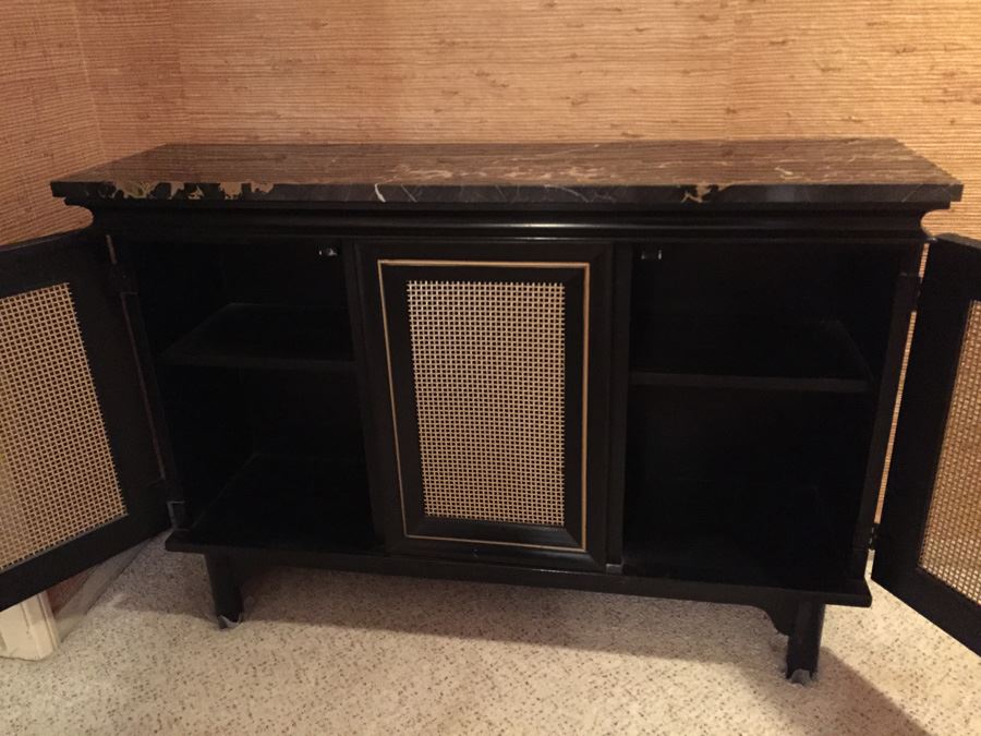 Vintage Black And Gold Two Door Cabinet Console Table With Nice Black Marble Top With Gold And White Streaks