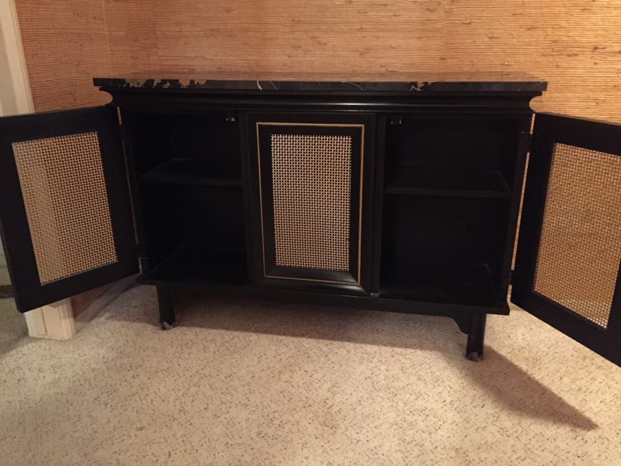 Vintage Black And Gold Two Door Cabinet Console Table With Nice Black Marble Top With Gold And White Streaks [Photo 9]