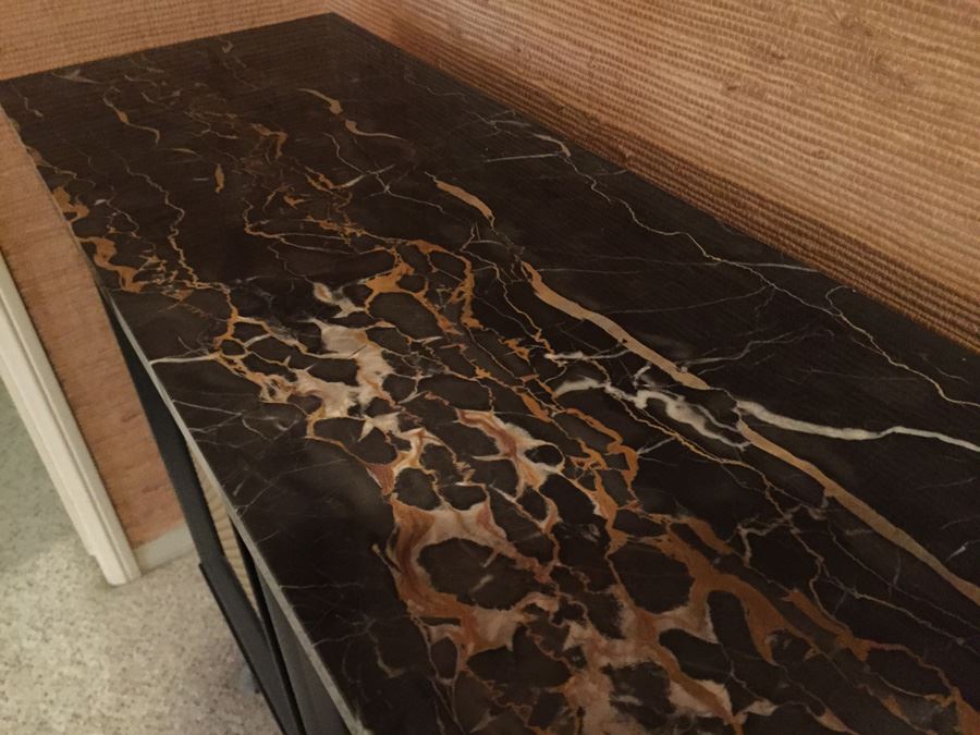 Vintage Black And Gold Two Door Cabinet Console Table With Nice Black Marble Top With Gold And White Streaks [Photo 7]