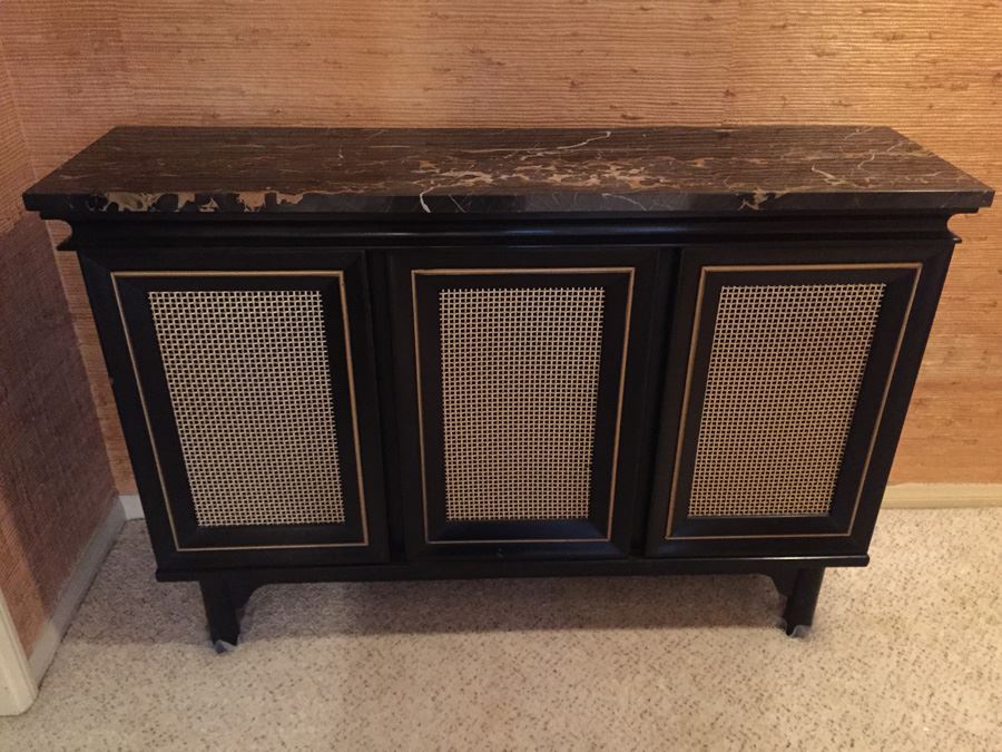 Vintage Black And Gold Two Door Cabinet Console Table With Nice Black Marble Top With Gold And White Streaks [Photo 5]