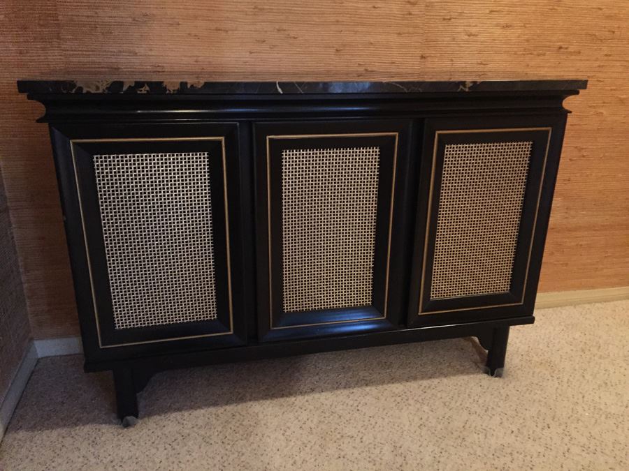 Vintage Black And Gold Two Door Cabinet Console Table With Nice Black Marble Top With Gold And White Streaks [Photo 4]