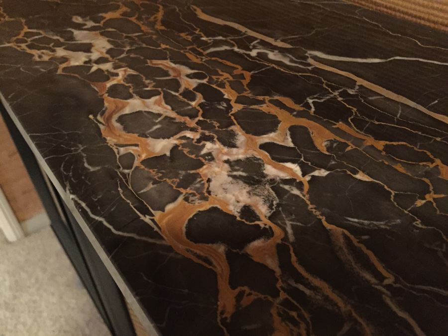 Vintage Black And Gold Two Door Cabinet Console Table With Nice Black Marble Top With Gold And White Streaks [Photo 3]
