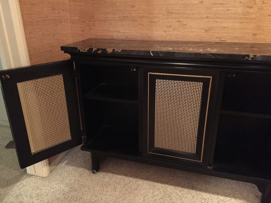 Vintage Black And Gold Two Door Cabinet Console Table With Nice Black Marble Top With Gold And White Streaks [Photo 10]