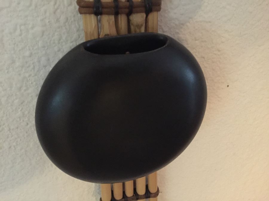 Black Pottery Signed Underneath TURKEL With Bamboo Hanging Wall Mount [Photo 2]