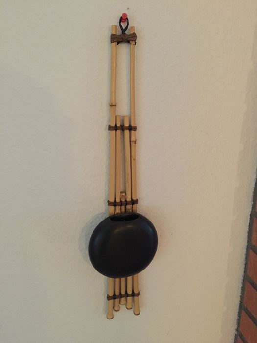 Black Pottery Signed Underneath TURKEL With Bamboo Hanging Wall Mount
