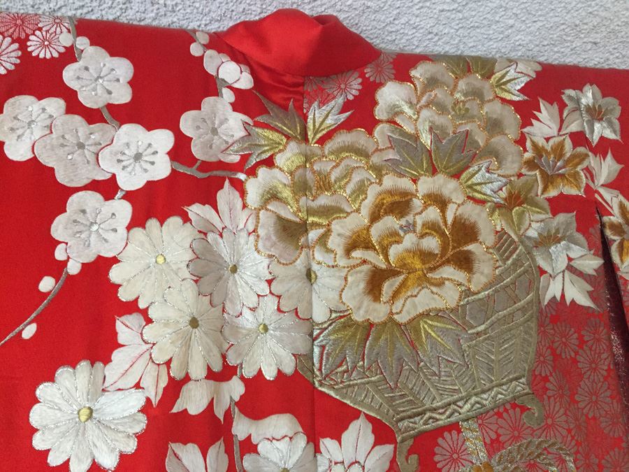 Old 20th Century Japanese Red Silk Wedding Kimono Red Silk Ground With Gold Thread Embroidery And Brocade Of Floral Decoration - Estimate $1,500 [Photo 3]