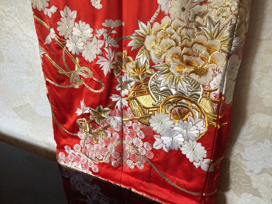 Old 20th Century Japanese Red Silk Wedding Kimono Red Silk Ground With Gold Thread Embroidery And Brocade Of Floral Decoration - Estimate $1,500 [Photo 7]