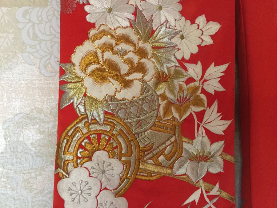 Old 20th Century Japanese Red Silk Wedding Kimono Red Silk Ground With Gold Thread Embroidery And Brocade Of Floral Decoration - Estimate $1,500 [Photo 4]