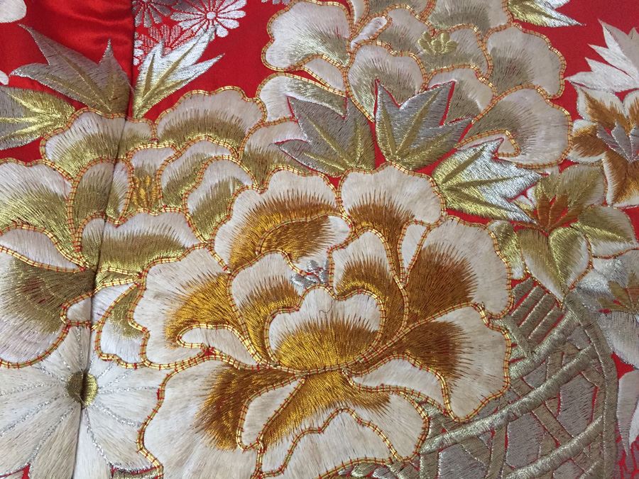 Old 20th Century Japanese Red Silk Wedding Kimono Red Silk Ground With Gold Thread Embroidery And Brocade Of Floral Decoration - Estimate $1,500 [Photo 5]