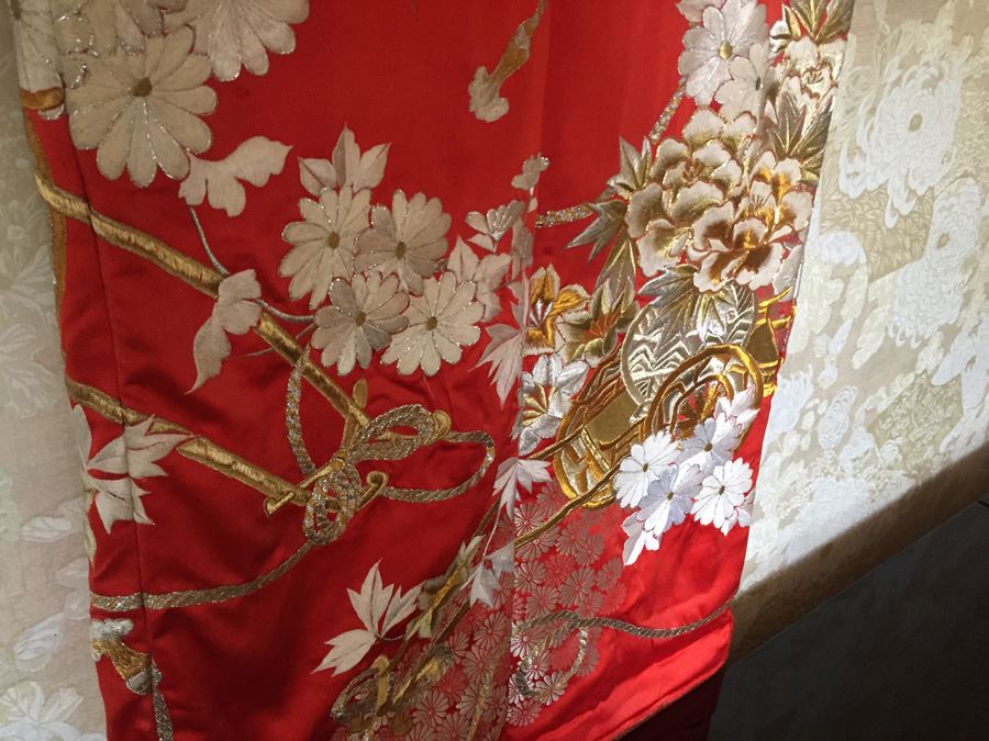 Old 20th Century Japanese Red Silk Wedding Kimono Red Silk Ground With Gold Thread Embroidery And Brocade Of Floral Decoration - Estimate $1,500 [Photo 8]