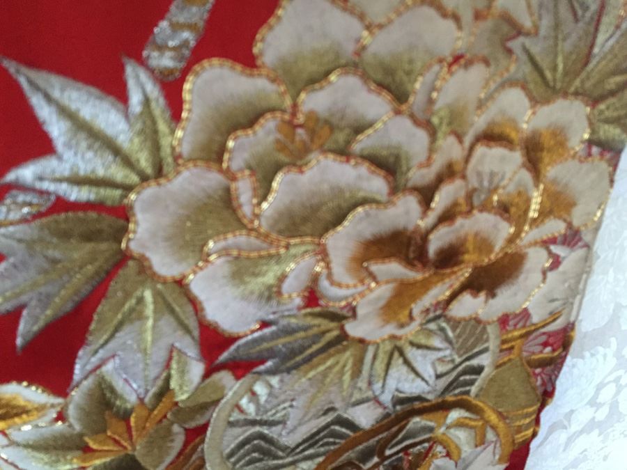 Old 20th Century Japanese Red Silk Wedding Kimono Red Silk Ground With Gold Thread Embroidery And Brocade Of Floral Decoration - Estimate $1,500 [Photo 9]