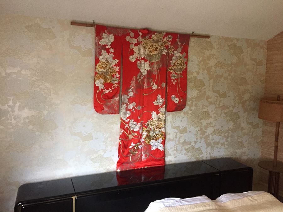 Old 20th Century Japanese Red Silk Wedding Kimono Red Silk Ground With Gold Thread Embroidery And Brocade Of Floral Decoration - Estimate $1,500 [Photo 10]