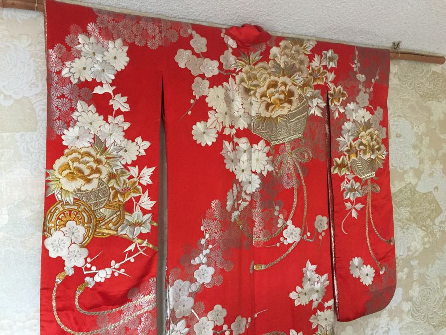 Old 20th Century Japanese Red Silk Wedding Kimono Red Silk Ground With Gold Thread Embroidery And Brocade Of Floral Decoration - Estimate $1,500 [Photo 2]
