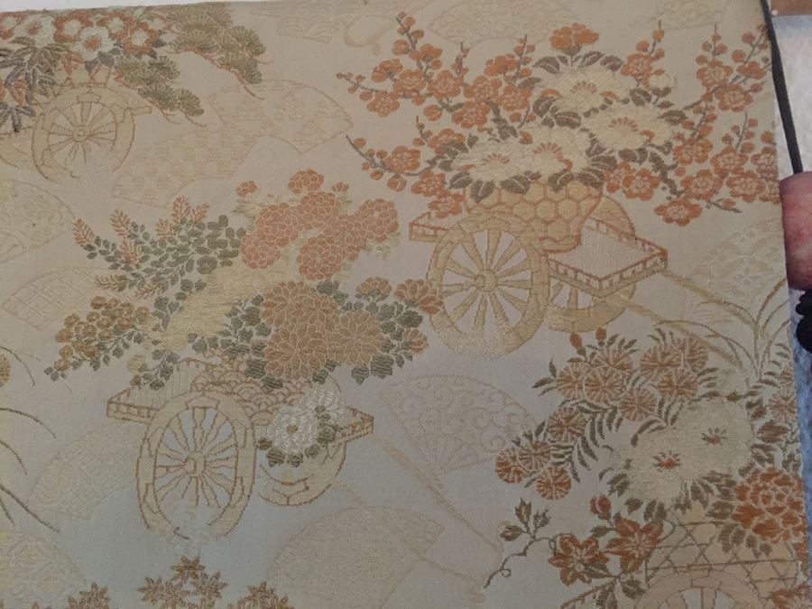 Antique Japanese Silk Brocaded Obi Festival Cart And Floral Motif Late Meiji Period Circa 1900 - Estimate $400 [Photo 4]