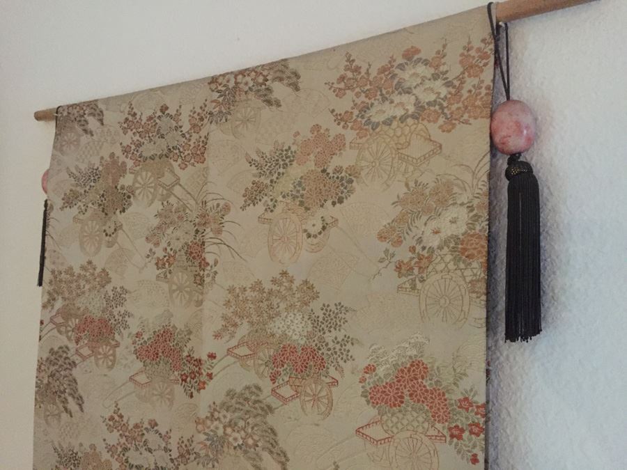 Antique Japanese Silk Brocaded Obi Festival Cart And Floral Motif Late Meiji Period Circa 1900 - Estimate $400 [Photo 2]