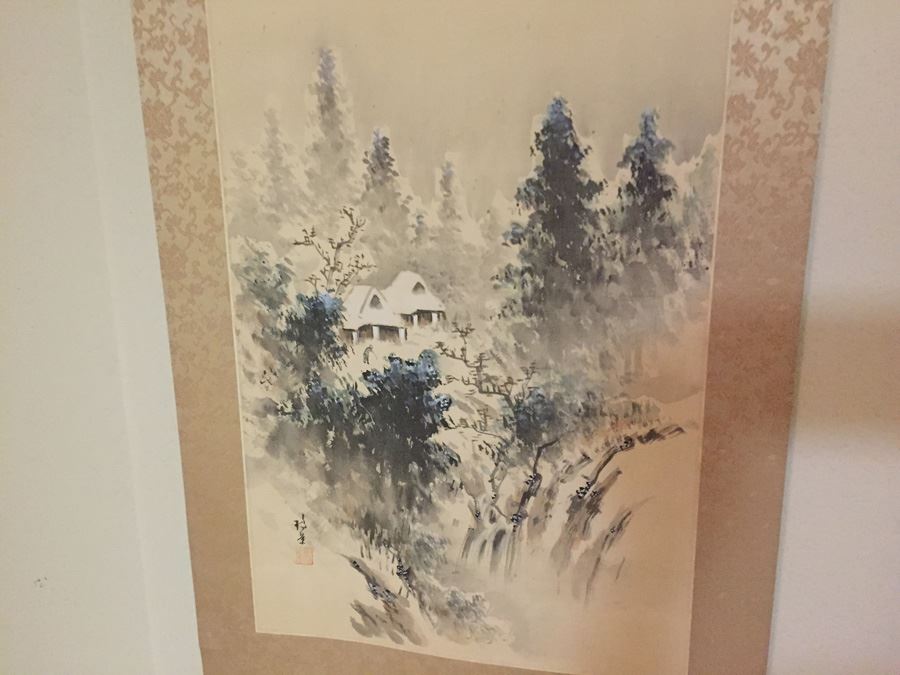 Old Japanese Kakemono Seasonal Scroll Depicting Mountains Forest And Pavillion Design Ink And Colors On Silk Late Meiji Period Circa 1920 - Estimate $350 [Photo 6]