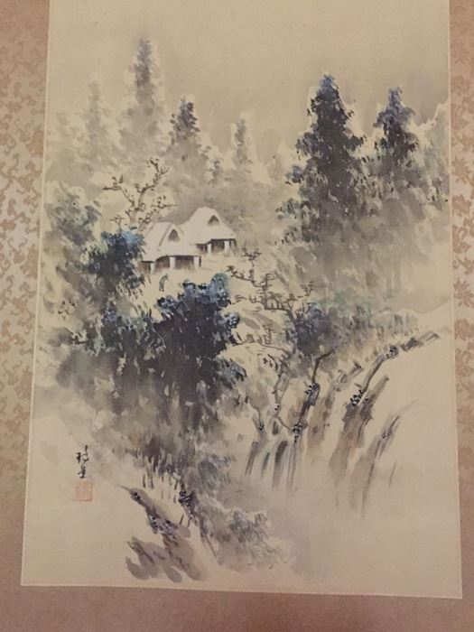 Old Japanese Kakemono Seasonal Scroll Depicting Mountains Forest And Pavillion Design Ink And Colors On Silk Late Meiji Period Circa 1920 - Estimate $350 [Photo 12]