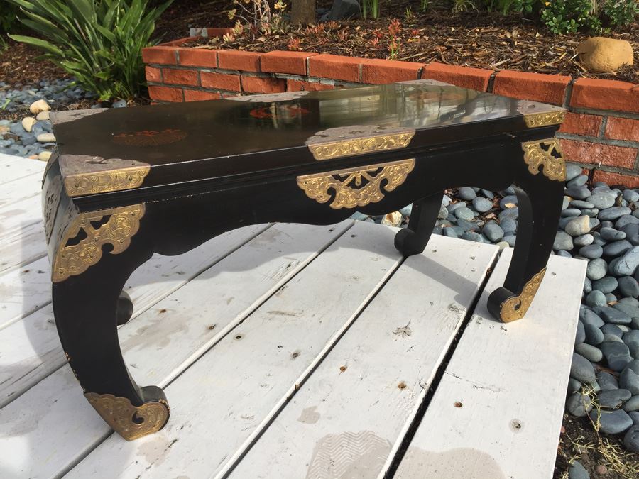 Japanese Temple Table Lacquer Over Wood With Yellow Brass Decorative Corner Hardware With Occupied Japan Label Underneath [Photo 1]