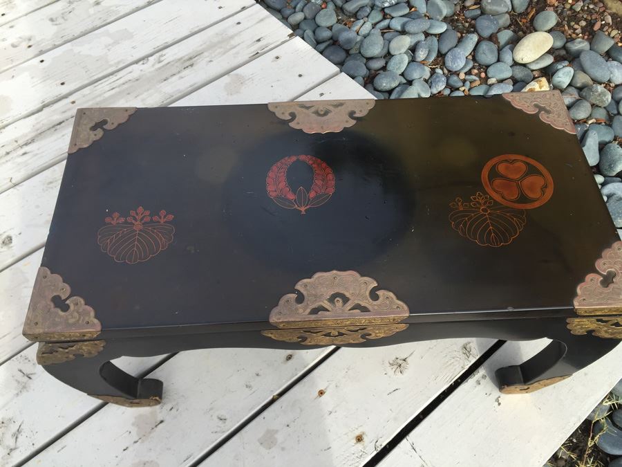 Japanese Temple Table Lacquer Over Wood With Yellow Brass Decorative Corner Hardware With Occupied Japan Label Underneath [Photo 2]