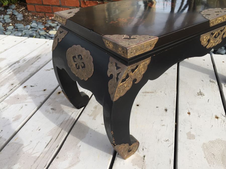 Japanese Temple Table Lacquer Over Wood With Yellow Brass Decorative Corner Hardware With Occupied Japan Label Underneath [Photo 4]
