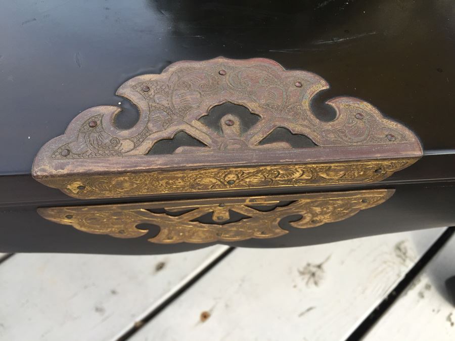 Japanese Temple Table Lacquer Over Wood With Yellow Brass Decorative Corner Hardware With Occupied Japan Label Underneath [Photo 8]