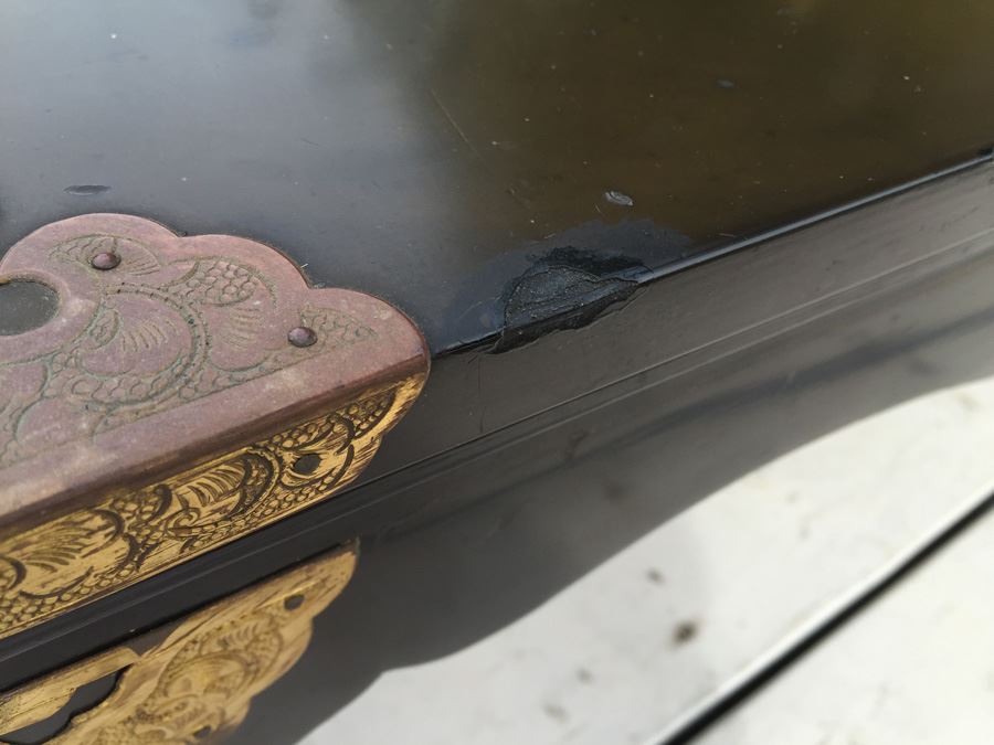 Japanese Temple Table Lacquer Over Wood With Yellow Brass Decorative Corner Hardware With Occupied Japan Label Underneath [Photo 10]