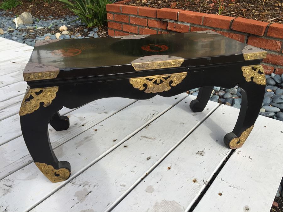 Japanese Temple Table Lacquer Over Wood With Yellow Brass Decorative Corner Hardware With Occupied Japan Label Underneath [Photo 11]