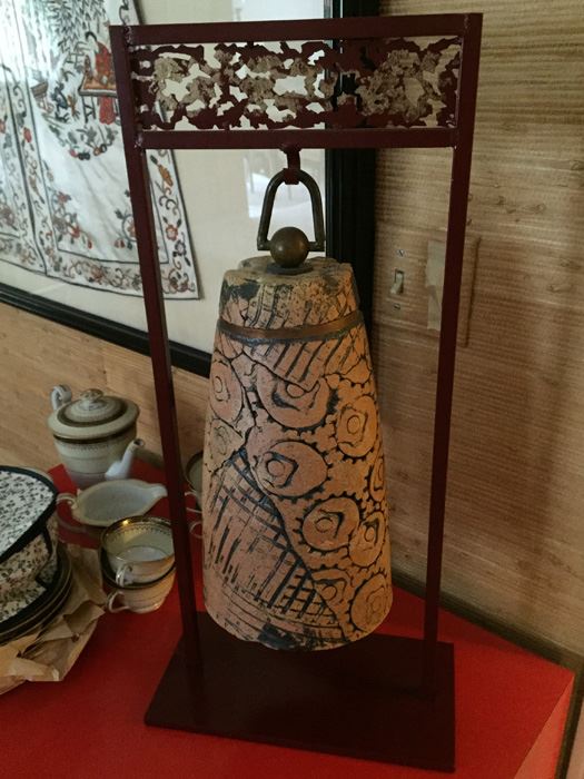 Signed Asian Pottery Bell With Metal Stand