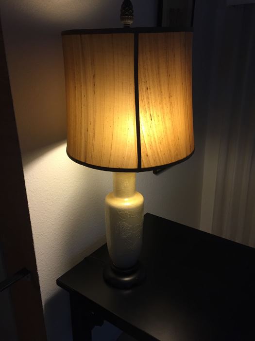 Light Yellow Floral Relief Pottery Table Lamp On Wooden Base With Shade [Photo 1]