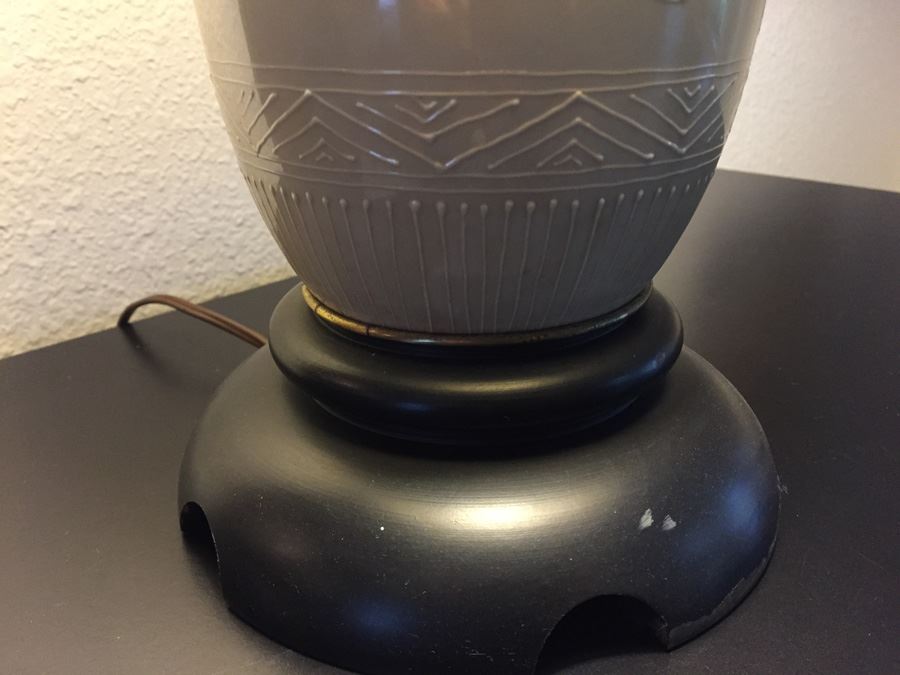 Light Yellow Floral Relief Pottery Table Lamp On Wooden Base With Shade [Photo 5]