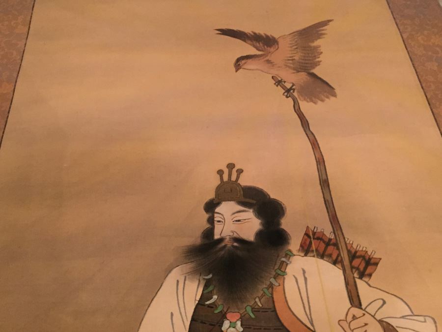 Large Old Asian Scroll Depicting Warrior Holding A Staff With Bird Perched Atop Of Staff Signed On Front And Back [Photo 14]