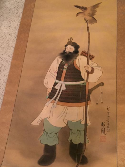 Large Old Asian Scroll Depicting Warrior Holding A Staff With Bird Perched Atop Of Staff Signed On Front And Back [Photo 11]