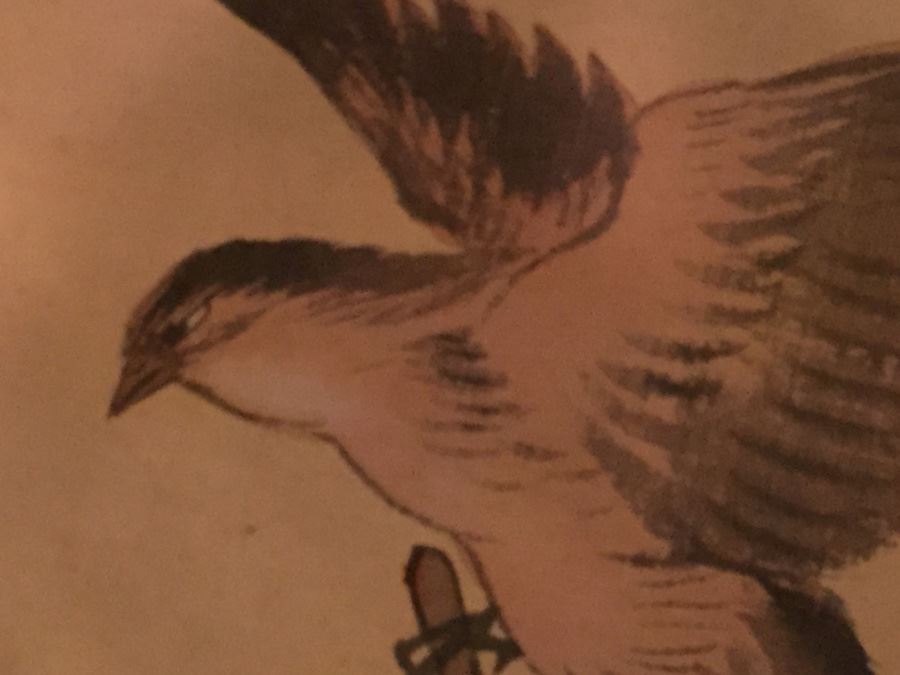 Large Old Asian Scroll Depicting Warrior Holding A Staff With Bird Perched Atop Of Staff Signed On Front And Back [Photo 6]