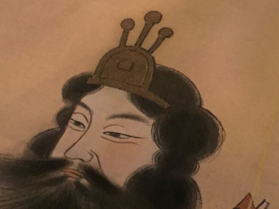 Large Old Asian Scroll Depicting Warrior Holding A Staff With Bird Perched Atop Of Staff Signed On Front And Back [Photo 7]