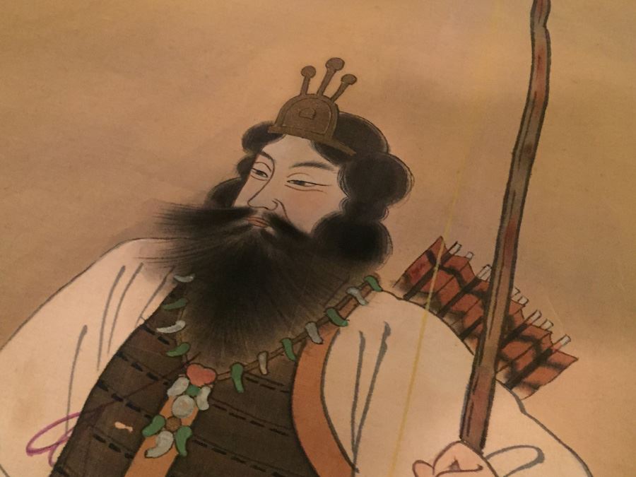 Large Old Asian Scroll Depicting Warrior Holding A Staff With Bird Perched Atop Of Staff Signed On Front And Back [Photo 8]