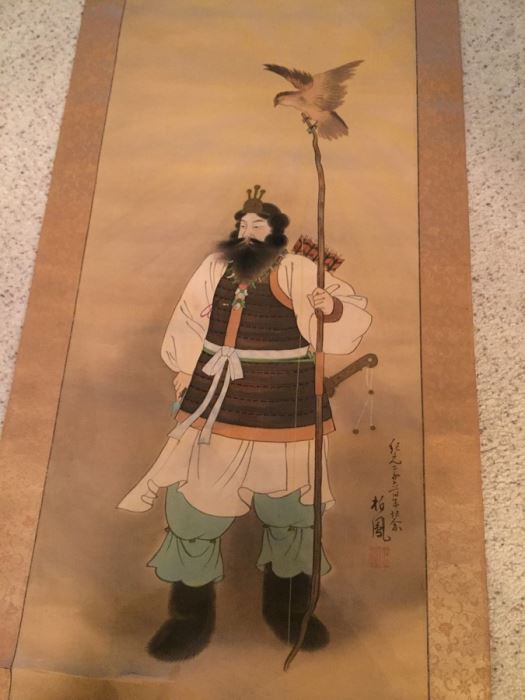 Large Old Asian Scroll Depicting Warrior Holding A Staff With Bird Perched Atop Of Staff Signed On Front And Back [Photo 2]